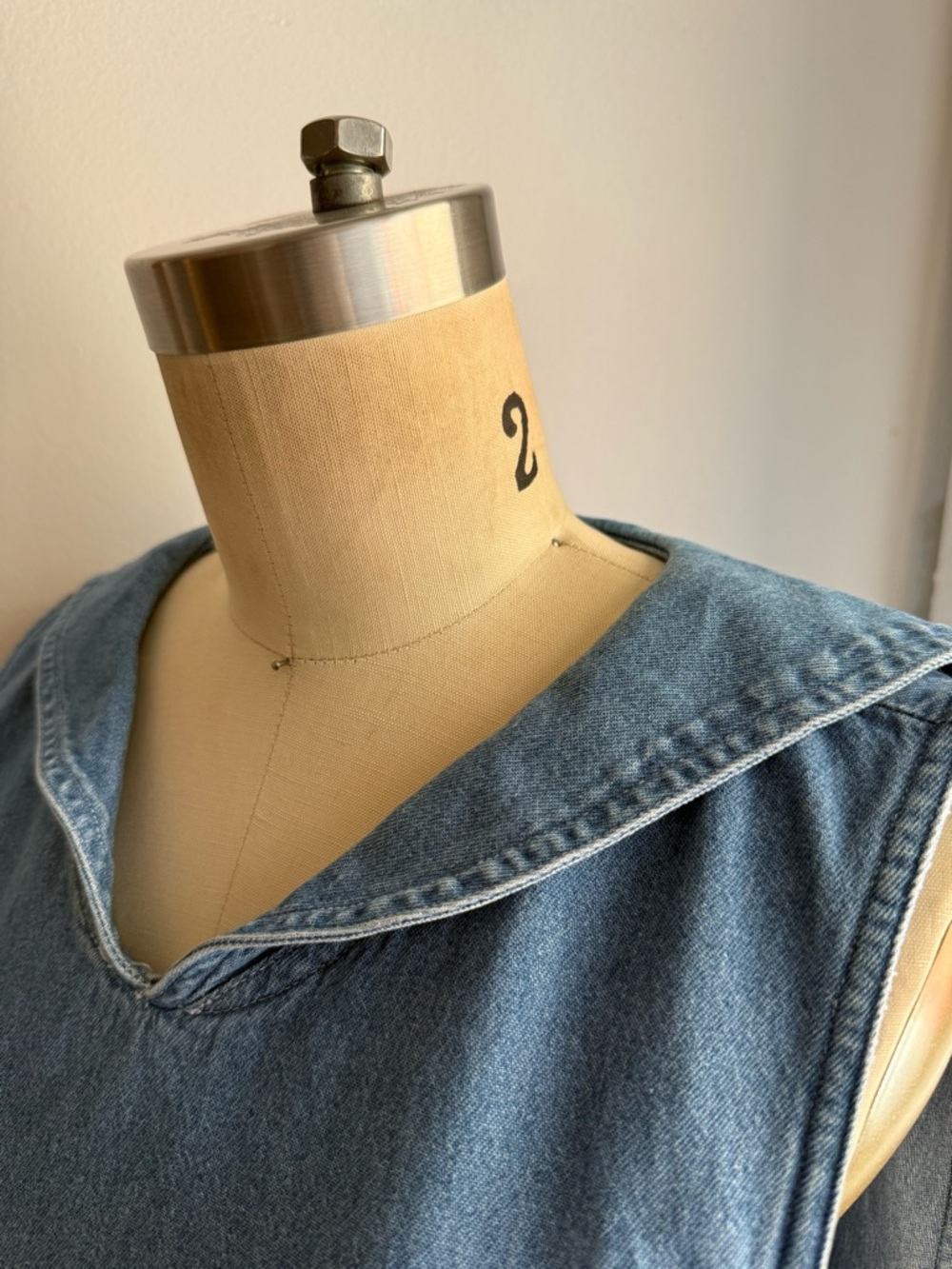 Vintage Denim Cotton Sailor Maxi Dress Large Collar Minimalist Structured - Picture 4 of 9